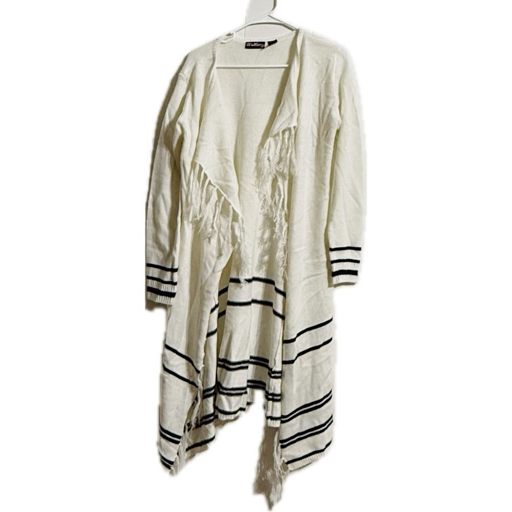 White Long Open-Front Cardigan with Striped Cuffs‎